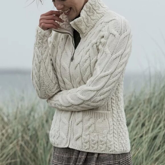 Aran Woollen Mills 100% Merino Wool Cable Knit Long Cardigan Sweater Jacket Coat - Picture 12 of 12